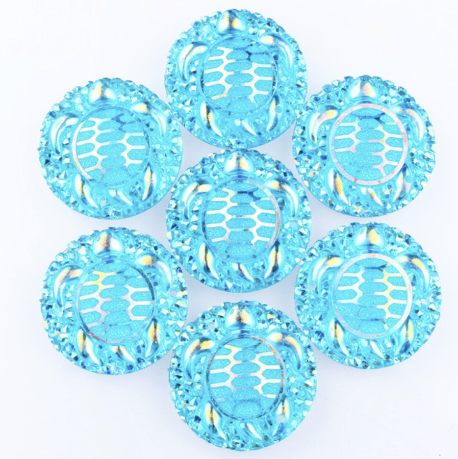 Sundaylace Creations & Bling Resin Gems Aqua AB 25mm Swimming Turtle with textured background, AB Circle, Sew on, Resin Gems