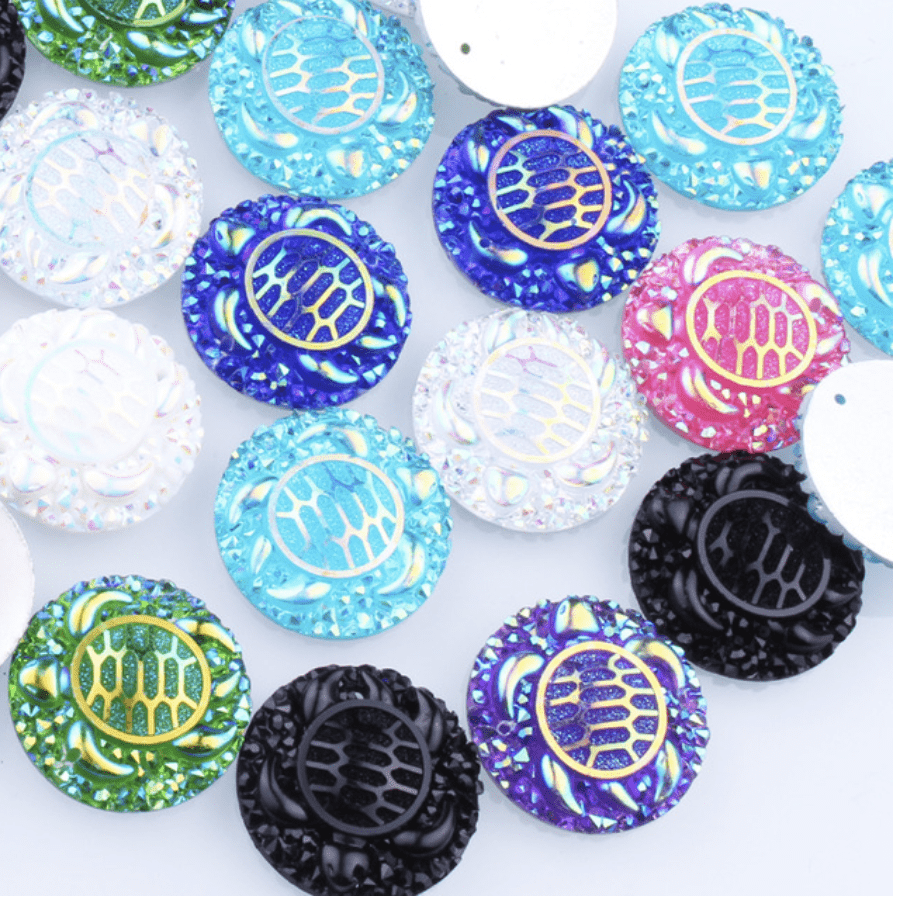 Sundaylace Creations & Bling Resin Gems 25mm Swimming Turtle with textured background, AB Circle, Sew on, Resin Gems