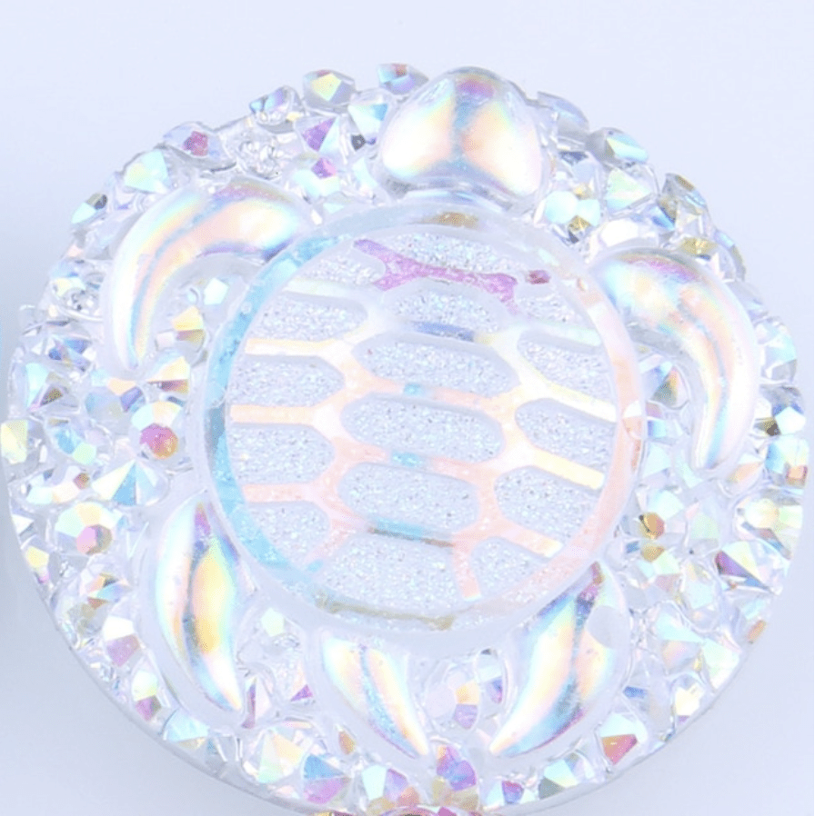 Sundaylace Creations & Bling Resin Gems Crystal Clear AB 25mm Swimming Turtle with textured background, AB Circle, Sew on, Resin Gems