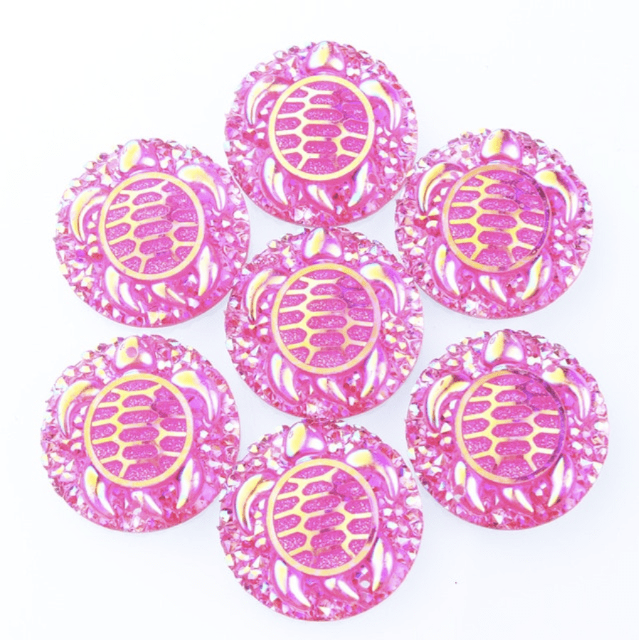 Sundaylace Creations & Bling Resin Gems Pink AB 25mm Swimming Turtle with textured background, AB Circle, Sew on, Resin Gems