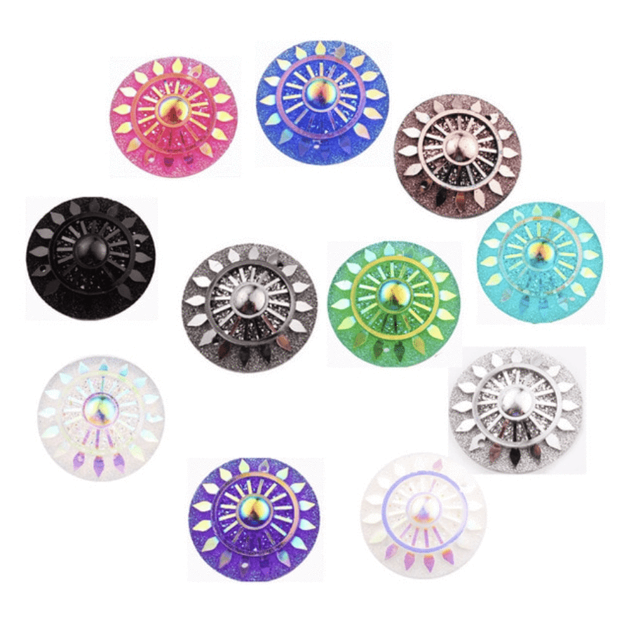 Sundaylace Creations & Bling Resin Gems White AB Wheel 25mm Wheel Burst Circle Design, Sew on, Resin Gem