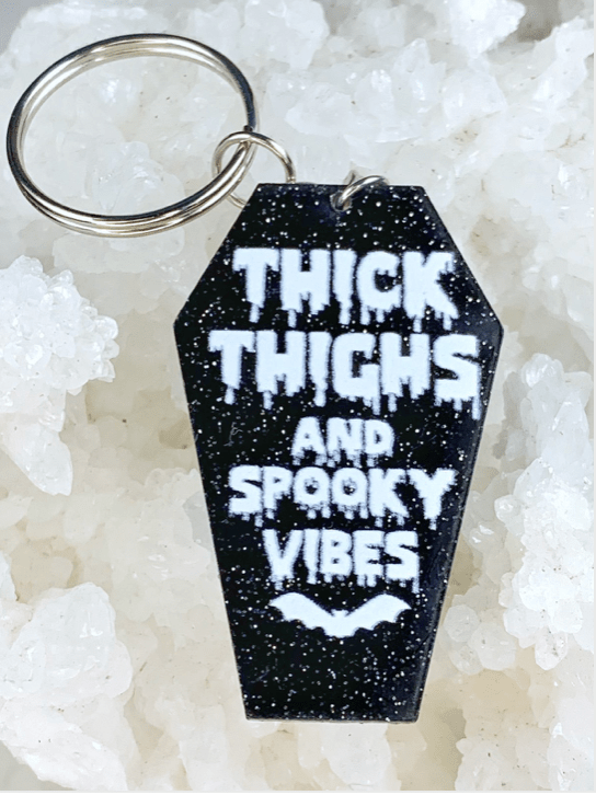 Sundaylace Creations & Bling Mirror Gems 26mm "Thick Thighs and Spooky Vibes" Black Coffin Tie Shaped, Odd shape, Sew on, Mirror Gem