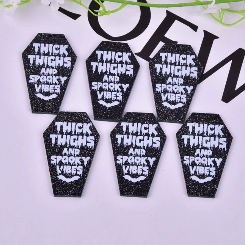 Sundaylace Creations & Bling Mirror Gems 26mm "Thick Thighs and Spooky Vibes" Black Coffin Tie Shaped, Odd shape, Sew on, Mirror Gem