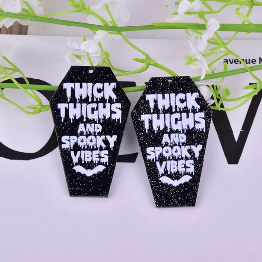 Sundaylace Creations & Bling Mirror Gems 26mm "Thick Thighs and Spooky Vibes" Black Coffin Tie Shaped, Odd shape, Sew on, Mirror Gem