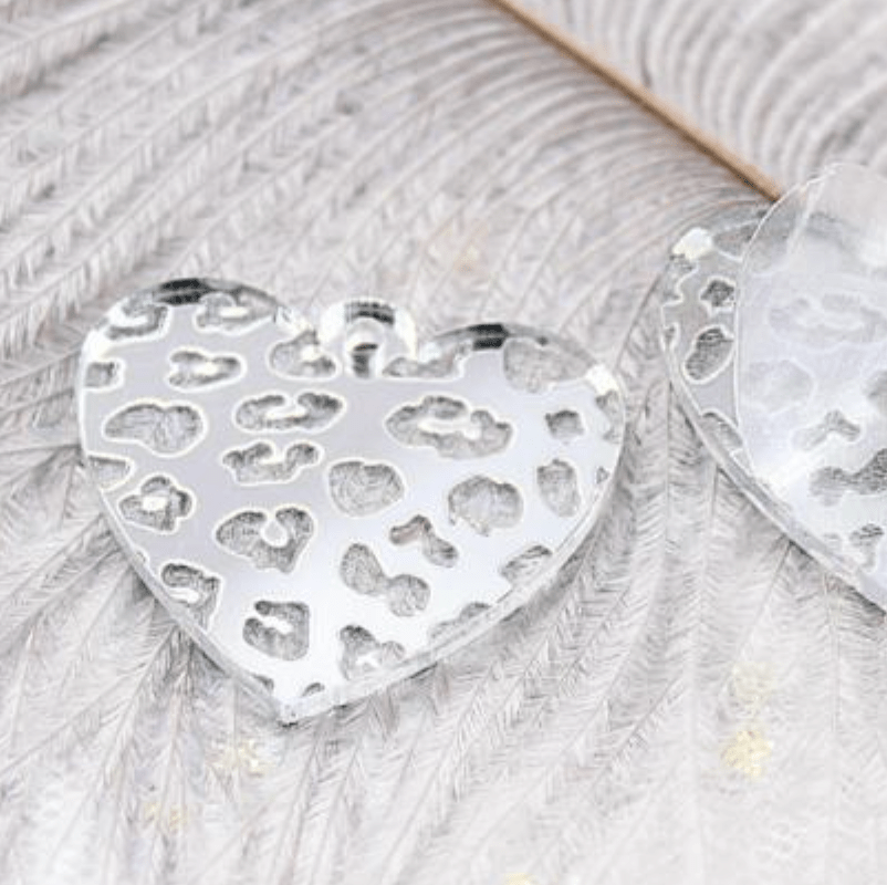 Resin Gems Mirror Gems Mirror Silver 30mm Silver-Rose Gold Mirror & Clear Animal Print Etched Heart Gem, Sew on, Mirror Gem
