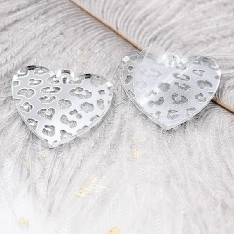 Resin Gems Mirror Gems 30mm Silver-Rose Gold Mirror & Clear Animal Print Etched Heart Gem, Sew on, Mirror Gem