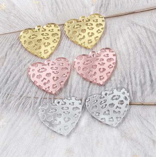 30mm Silver-Rose Gold Mirror & Clear Animal Print Etched Heart Gem, Sew on, Mirror Gem Mirror Gems