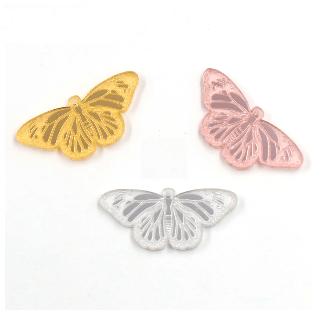 35mm Rose Gold, Gold, Silver Mirror Engraved Butterfly, Glue on, Mirror Resin Gem (Sold in Pair) Mirror Gems
