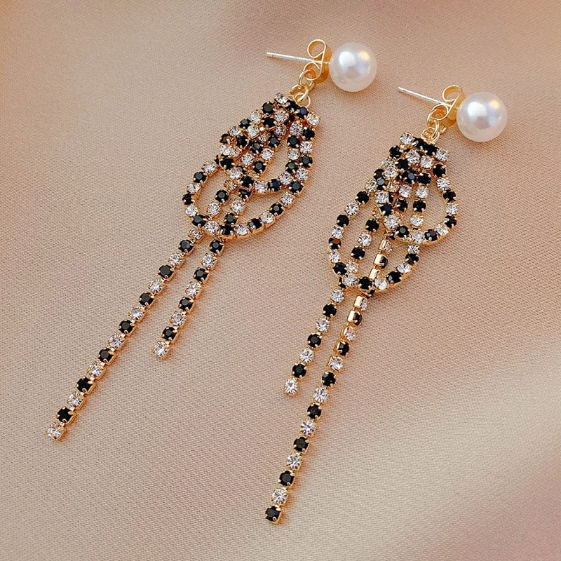 Sundaylace Creations & Bling Earring Findings 40mm Pearl stud, with Clear & Black Rhinestones Long Tassel Ear nuts, Earring Findings, Basics *Sold in pair*