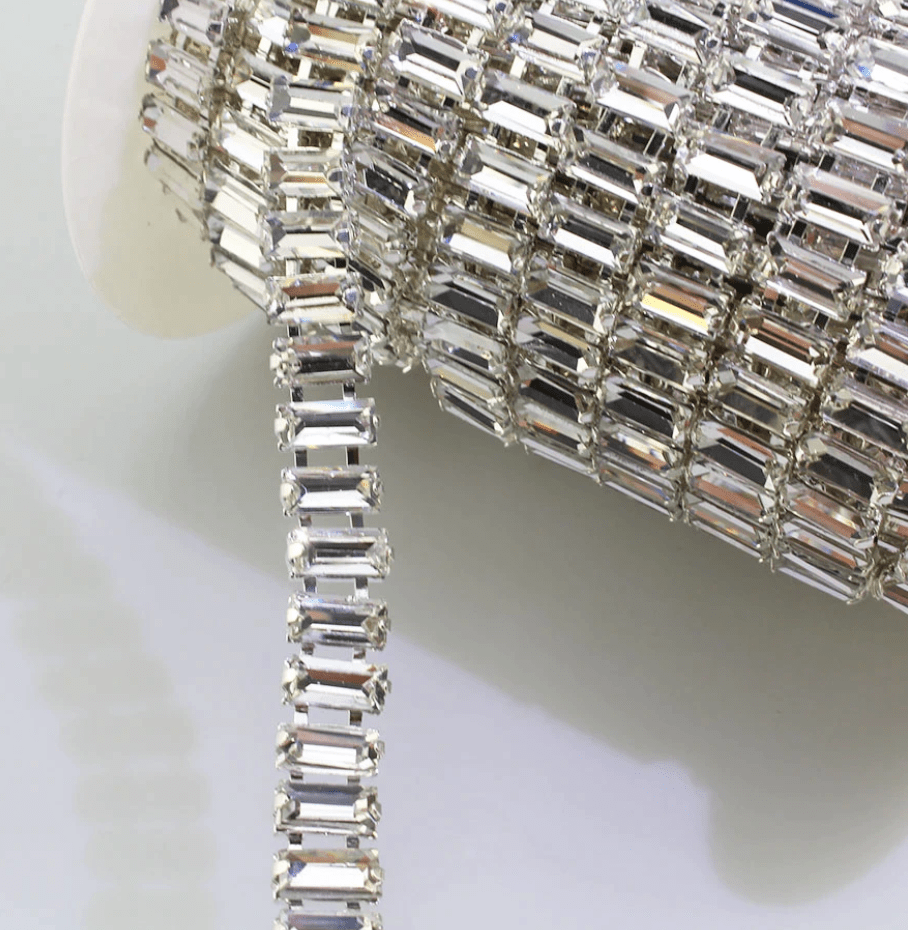 Sundaylace Creations & Bling SS6 Metal Rhinestone Chain 5*10mm Large CLEAR RECTANGLE STONE with Silver Rhinestone  Metal Chain, Sold in 17.5" *RARE*