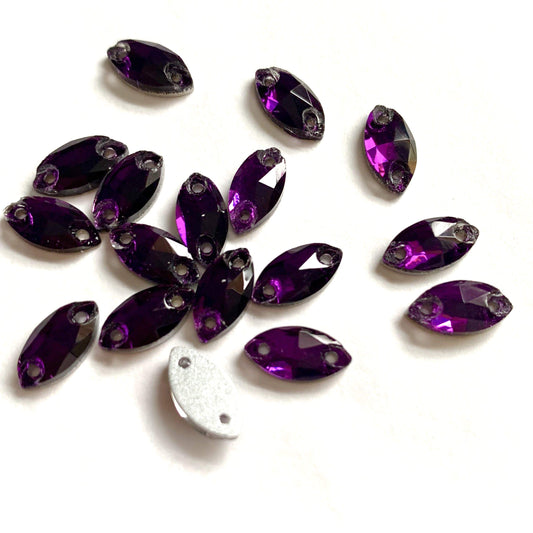 Sundaylace Creations & Bling Glass Gems 5*10mm Purple Navette, Sew on, Glass Gem *Sold in 12 Gems*