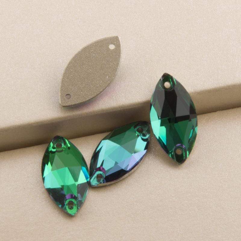 Sundaylace Creations & Bling Fancy Glass Gems 6*12mm Emerald Flame, Mini Navette Flat back Fancy Glass Gem Sew On (*Sold 12 gems)