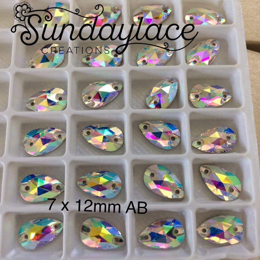 Sundaylace Creations & Bling Fancy Glass Gems 7*12mm AB Teardrop Fancy Glass Gem sew on Rhinestone, sold in pairs