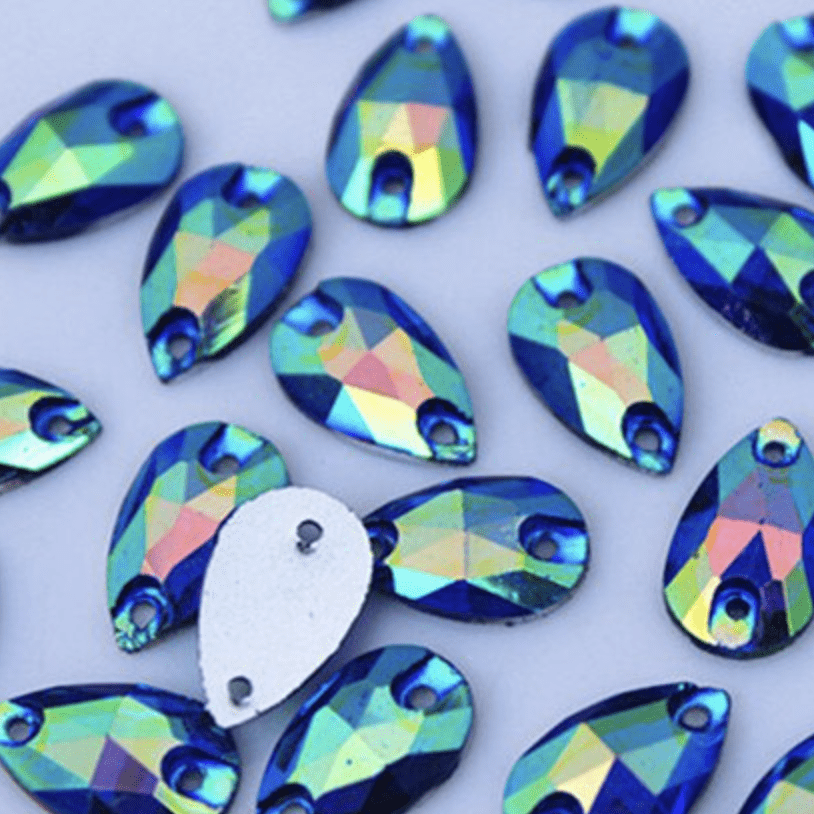 Sundaylace Creations & Bling Resin Gems Blue AB 7*12mm Multi-coloured AB, Mini Teardrop, Sew on,  Resin Gem *Sold in set of 12*
