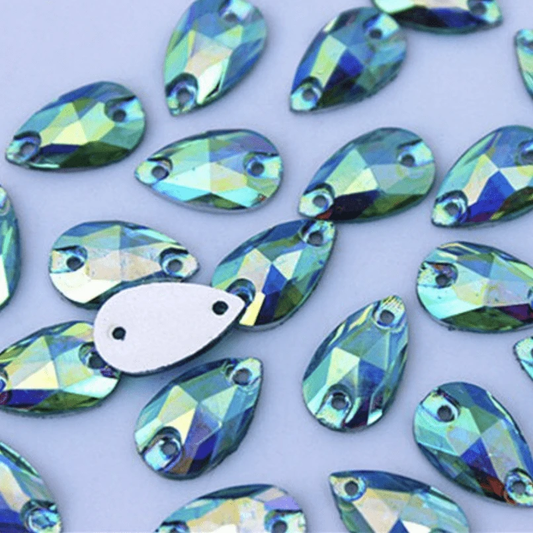 7*12mm, Aqua Green AB, Multi-coloured AB, Mini Teardrop, Sew on, Resin Gem, (Sold in 12 pcs)
