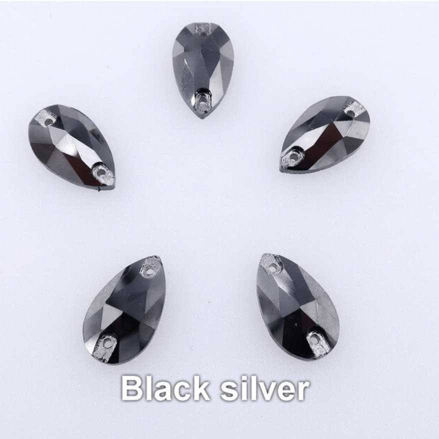 Sundaylace Creations & Bling Glass Gems Black Silver/Gunmetal 7*12mm Topaz Yellow, Red, Blue Zircon, Clear Mini Teardrop, sew on, Glass Gem, *Sold in pairs