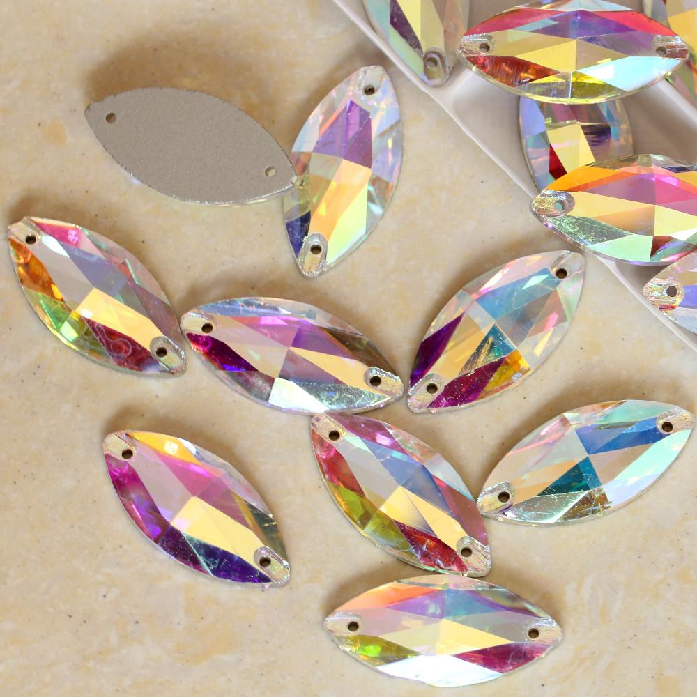 Sundaylace Creations & Bling Glass Gem 9*18mm / Crystal AB Multiple Sizes of AB Navette Horse Eye Sew on Glass Gem *Sold in pairs*