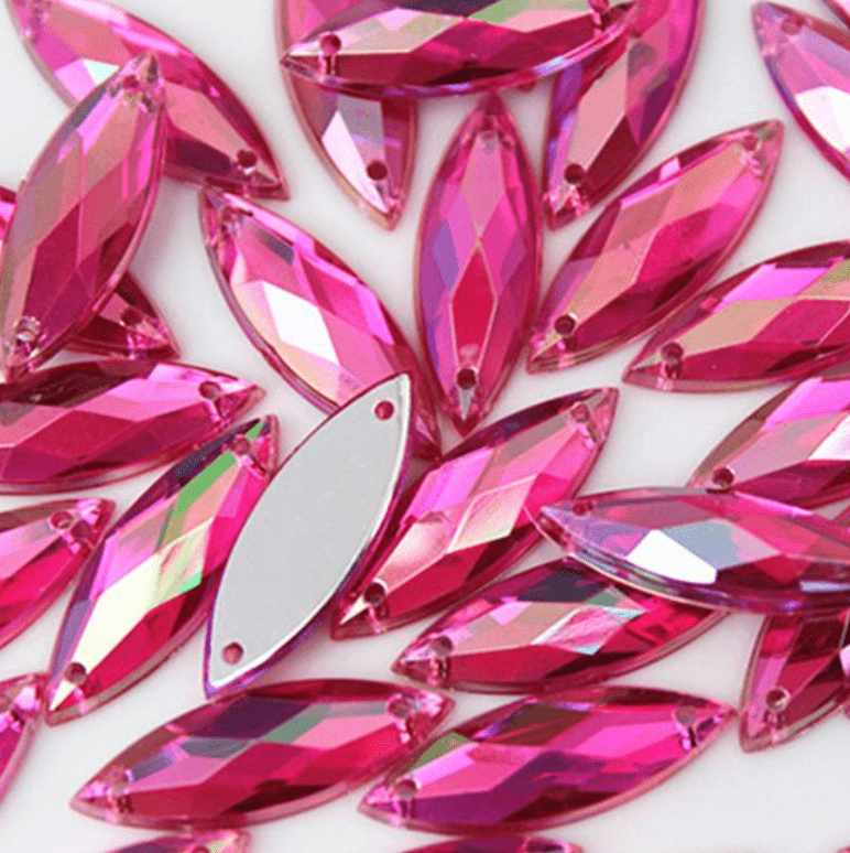 Sundaylace Creations & Bling Resin Gems 7*21mm Hot Pink AB Navette, Sew on, Resin Gems (Sold in Pair)
