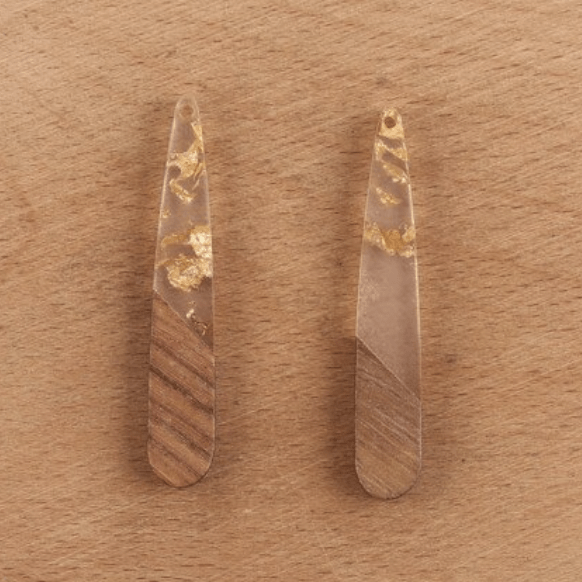 Sundaylace Creations & Bling Resin Gems Gold Flakes & Clear Wood Long Teardrop 7*44mm Clear with Silver/Gold Foil Flakes with Wooden Base, Long Teardrop, one hole, Resin Gem