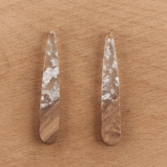 Sundaylace Creations & Bling Resin Gems Silver Flakes & Clear Wood Long Teardrop 7*44mm Clear with Silver/Gold Foil Flakes with Wooden Base, Long Teardrop, one hole, Resin Gem