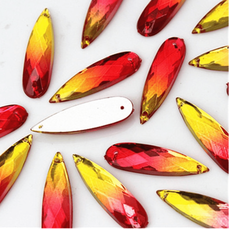 Sundaylace Creations & Bling Resin Gems Yellow to Red Ombre 8*28mm Mixed Ombre Long Thin Teardrop, Sew on, Resin Gem (Sold in Pair)