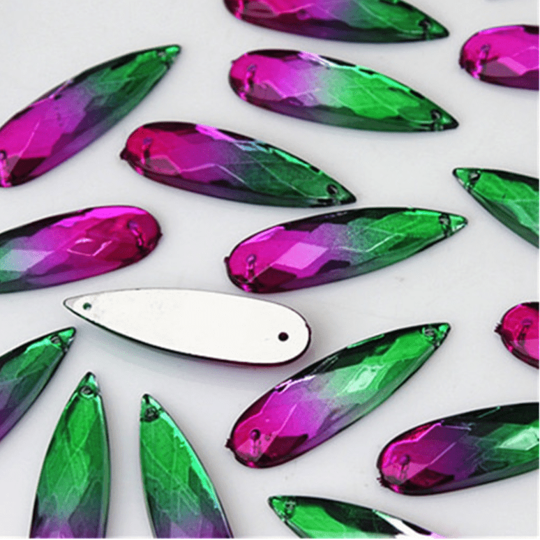 Sundaylace Creations & Bling Resin Gems Green to Pink Purple Ombre 8*28mm Mixed Ombre Long Thin Teardrop, Sew on, Resin Gem (Sold in Pair)
