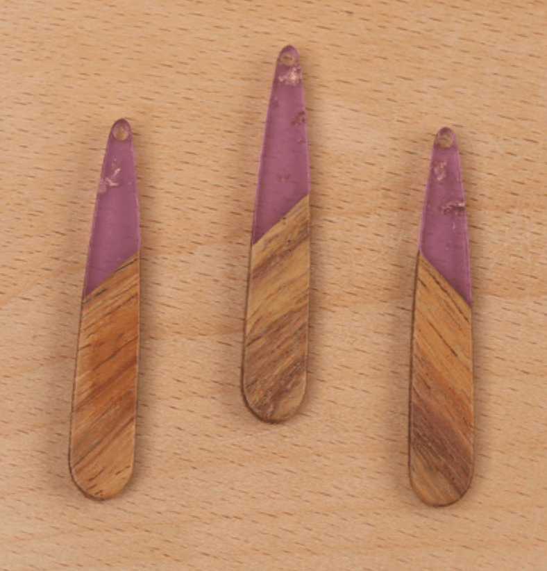 Sundaylace Creations & Bling Resin Gems 8*44mm Light Purple and Rose Gold Foil Flakes with Wood Teardrop, One Hole, Acrylic Resin Gem (Sold in Pair)