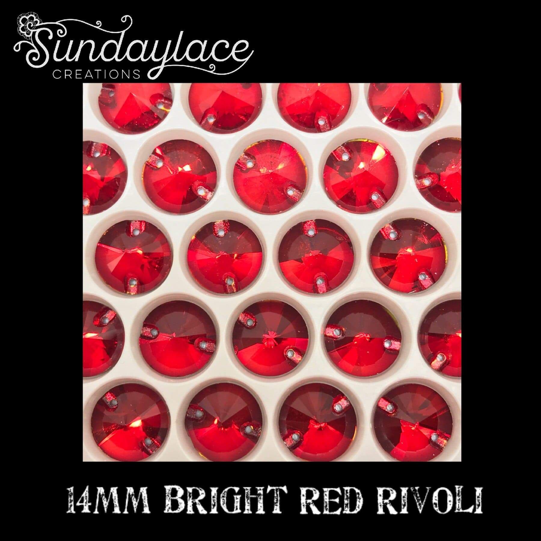 Sundaylace Creations & Bling Glass Gem 8mm, 10mm, & 14mm Bright Red Rivoli Sew on, Glass Gem
