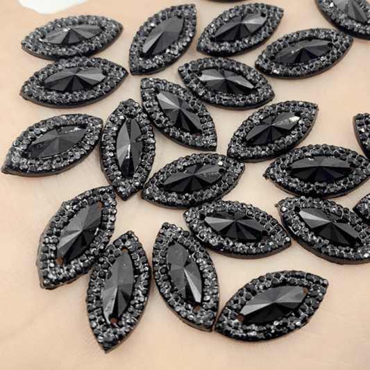 Sundaylace Creations & Bling Resin Gems 9*18mm Black Framed Mini Navette, Sew on, Black Resin Gem *Sold in 12 gems*