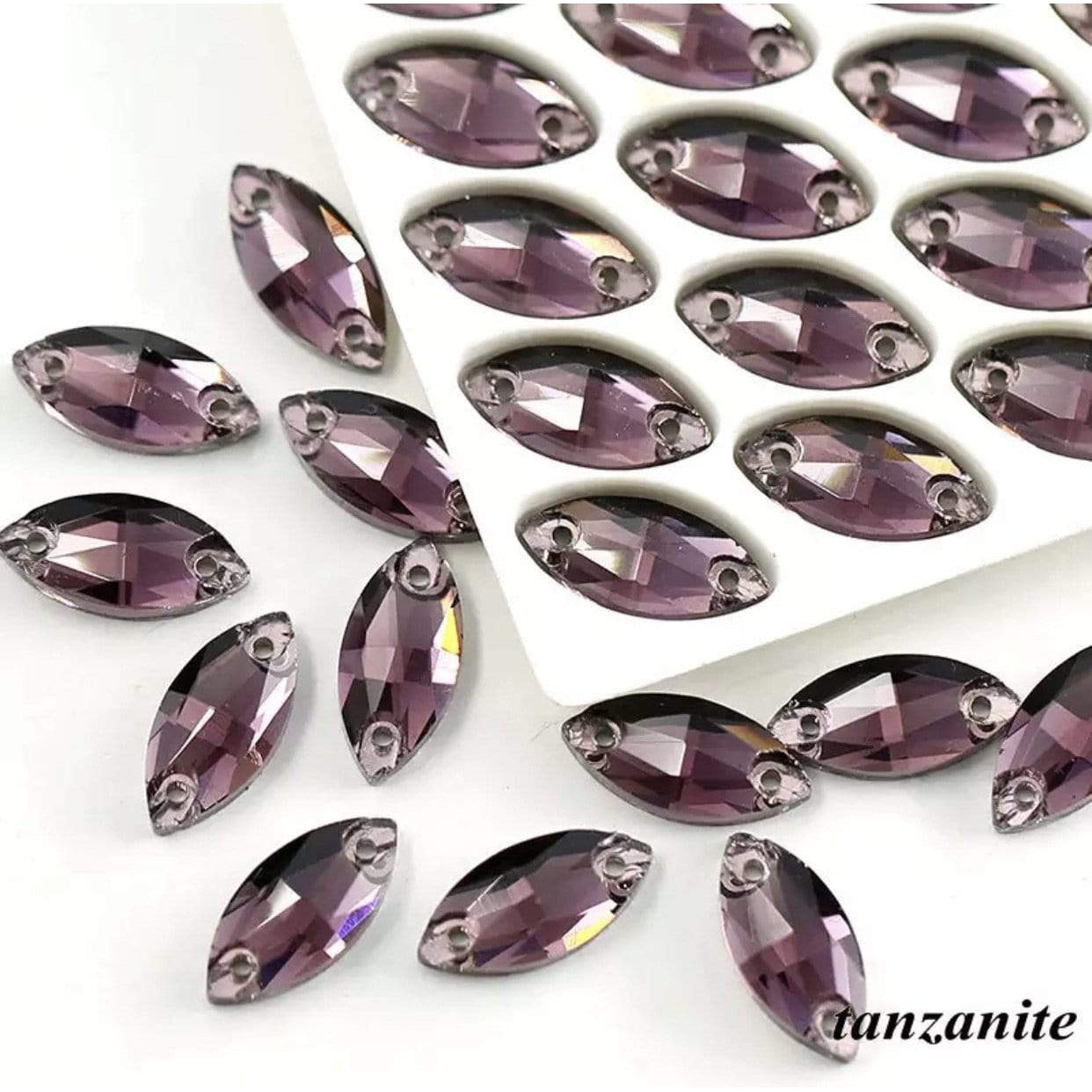 Sundaylace Creations & Bling Glass Gem 9*18mm Tanzanite Purple, Horse eye/Navette, Sew on, Glass Gems