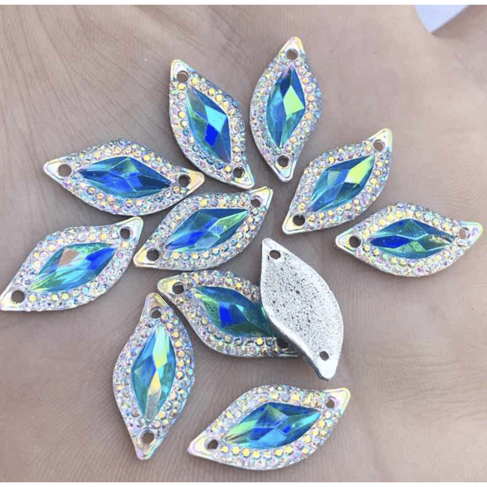Sundaylace Creations & Bling Resin Gems 9*20mm Aqua Blue with AB frame, Leaf or S-shaped, Sew on, Resin Gem