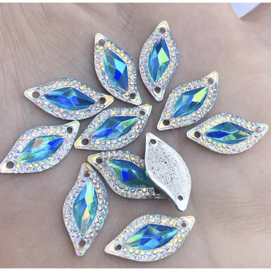Sundaylace Creations & Bling Resin Gems 9*20mm Aqua Blue with AB frame, Leaf or S-shaped, Sew on, Resin Gem