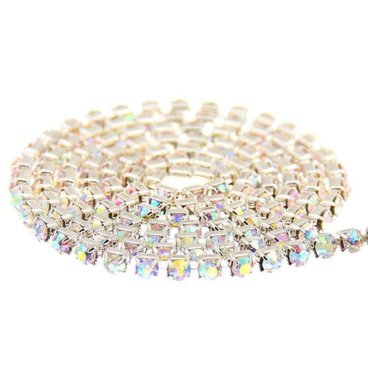 Sundaylace Creations & Bling SS6 Metal Rhinestone Chain Ss8 AB Silver chain- DENSE AB Crystal Stone, in Gold or Silver Metal Rhinestone Chain,  SPARSE Gold/Silver Chain Ss6, Ss8, Ss10, Ss12, & Ss16