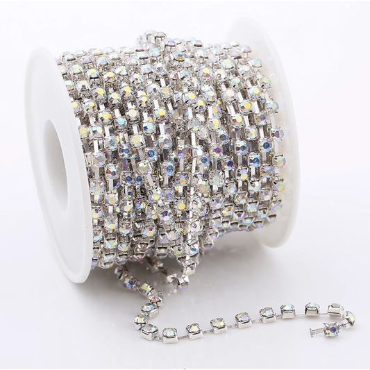 Sundaylace Creations & Bling SS6 Metal Rhinestone Chain Ss12 AB Silver sparse AB Crystal Stone, in Gold or Silver Metal Rhinestone Chain,  SPARSE Gold/Silver Chain Ss6, Ss8, Ss10, Ss12, & Ss16