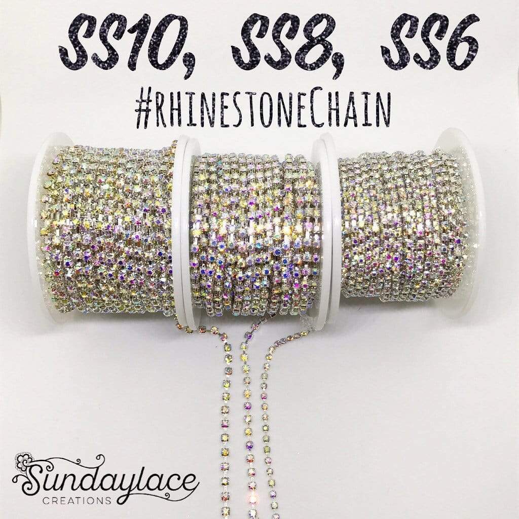 Sundaylace Creations & Bling SS6 Metal Rhinestone Chain Ss8 AB Silver chain- SPARSE AB Crystal Stone, in Gold or Silver Metal Rhinestone Chain,  SPARSE Gold/Silver Chain Ss6, Ss8, Ss10, Ss12, & Ss16