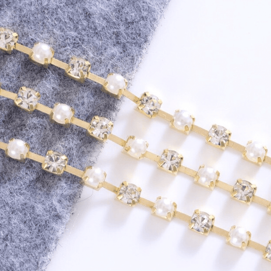 Sundaylace Creations & Bling Ss12 Metal Rhinestone Chain Pearl & Clear Rhinestone in Gold Chain Ss12.5 Pearl and Clear Stone (Alternating) in Silver SPARSE Metal Rhinestone Chain (Sold in 36")