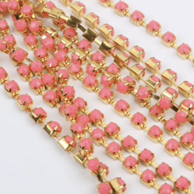 Sundaylace Creations & Bling SS12 Metal Rhinestone Chain Ss12 Pink Acrylic Stones on Gold Metal Rhinestone Chain