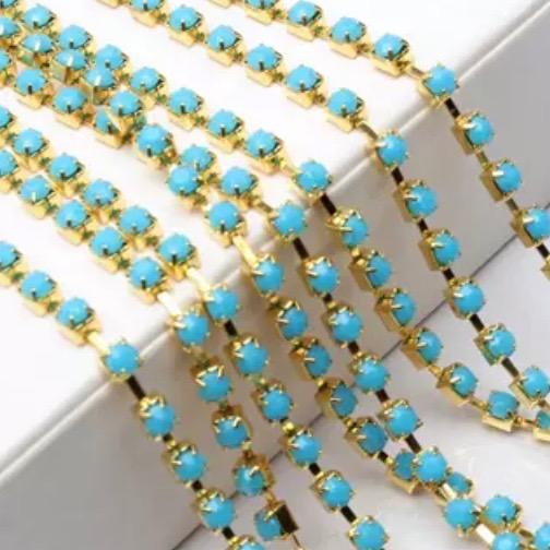 Sundaylace Creations & Bling SS12 Metal Rhinestone Chain Ss12 Turquoise Blue Acrylic Stones on Gold Metal Rhinestone Chain