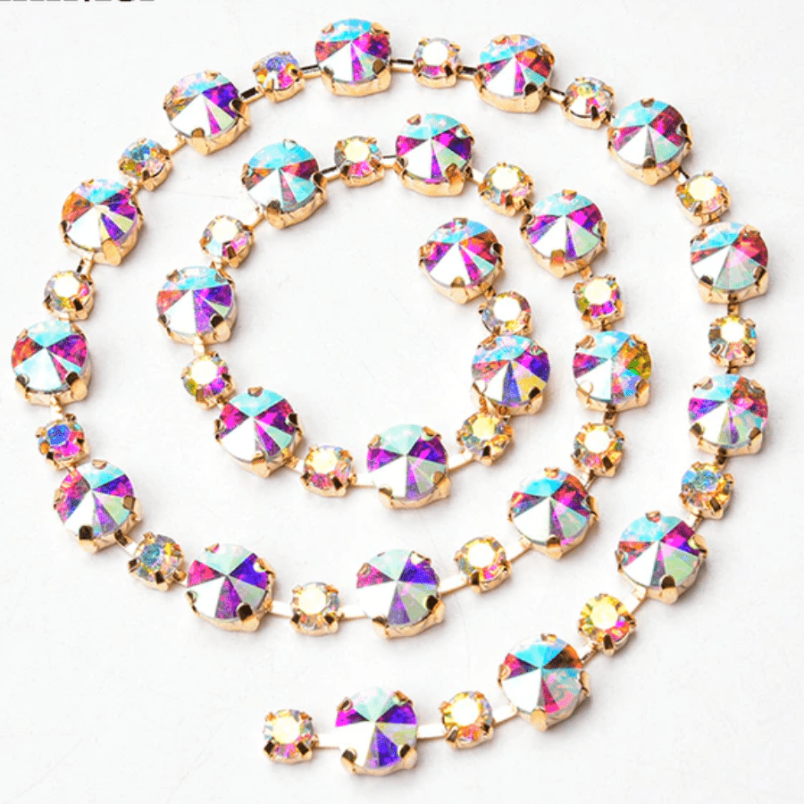 SS30-SS16 Alternating AB Round Stone on Gold Rhinestone Chain (Sold in 1/2 yard)