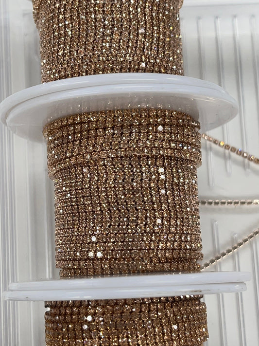 Sundaylace Creations & Bling SS4 Metal Rhinestone Chain Ss4 Golden Champagne Silk on Light Champagne Gold Metal Rhinestone Chain *Rare 33"