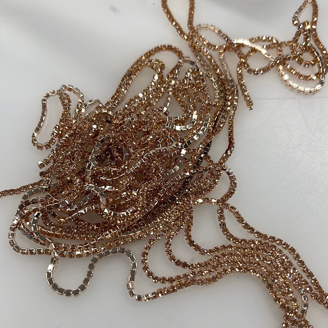 Sundaylace Creations & Bling SS4 Metal Rhinestone Chain Ss4 Golden Champagne Silk on Light Champagne Gold Metal Rhinestone Chain *Rare 33"