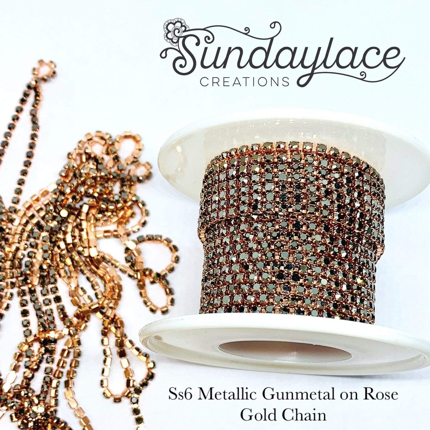 Sundaylace Creations & Bling SS4 Metal Rhinestone Chain Ss4 Gunmetal Stone in Rose Gold Metal Chain, Rhinestone Metal Chain, Sold by "33