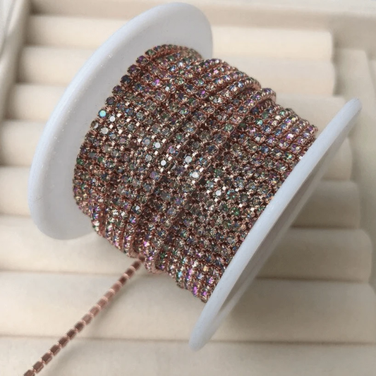 Sundaylace Creations & Bling SS4 Metal Rhinestone Chain Ss4 IRIS RAINBOW AB in Rose Gold Metal Rhinestone Chain, Sold in 33"