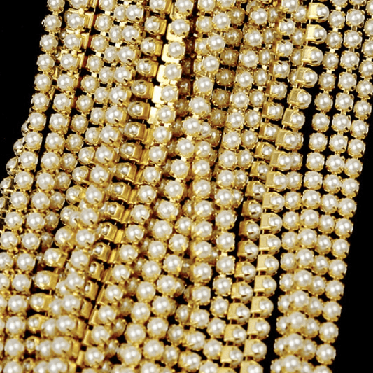 Sundaylace Creations & Bling SS4 Metal Rhinestone Chain SS4 Gold Chain Pearl SS4 Pearl stone on Silver/Gold Rhinestone Rope *Rare* Metal Chain, Sold in 33"