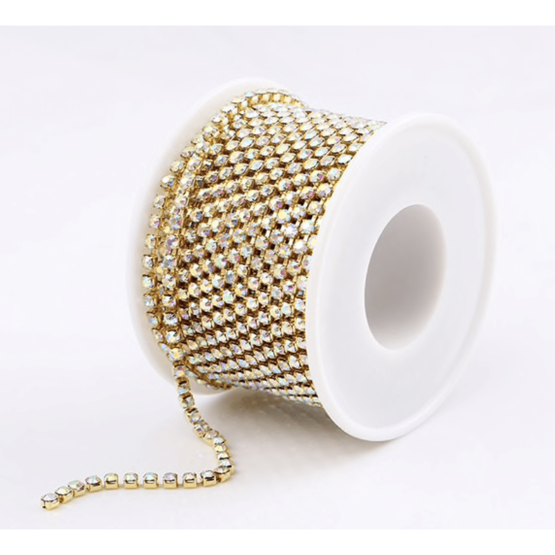 Sundaylace Creations & Bling SS6 Metal Rhinestone Chain Ss6 AB in Dense Cup  GOLD Metal Rhinestone Chain