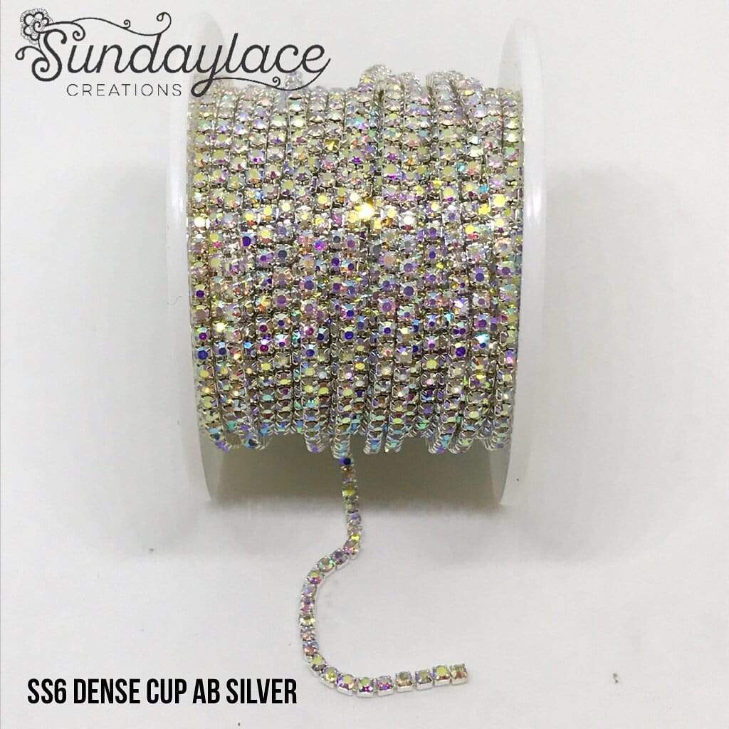 Sundaylace Creations & Bling SS6 Metal Rhinestone Chain Ss6 AB or Clear Stone, on Dense Cup Silver Metal Rhinestone Chain