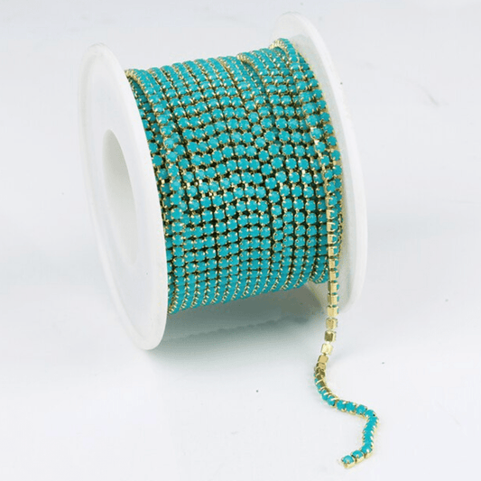 Sundaylace Creations & Bling SS6 Metal Rhinestone Chain Ss6 Acrylic Stone in Turquoise Blue, GOLD Metal Rhinestone Chain