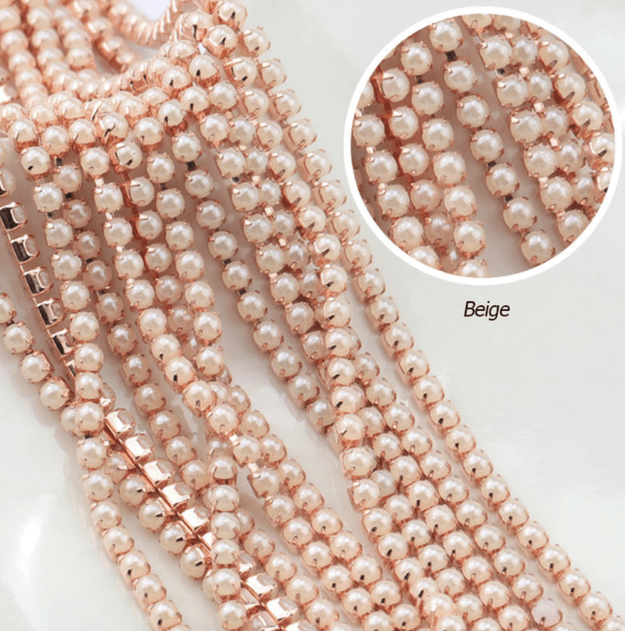 Sundaylace Creations & Bling SS6 Metal Rhinestone Chain Ss6 Beige-Champagne-Ivory Pearl Stone in Rose Gold Metal Chain, Rhinestone Metal Chain