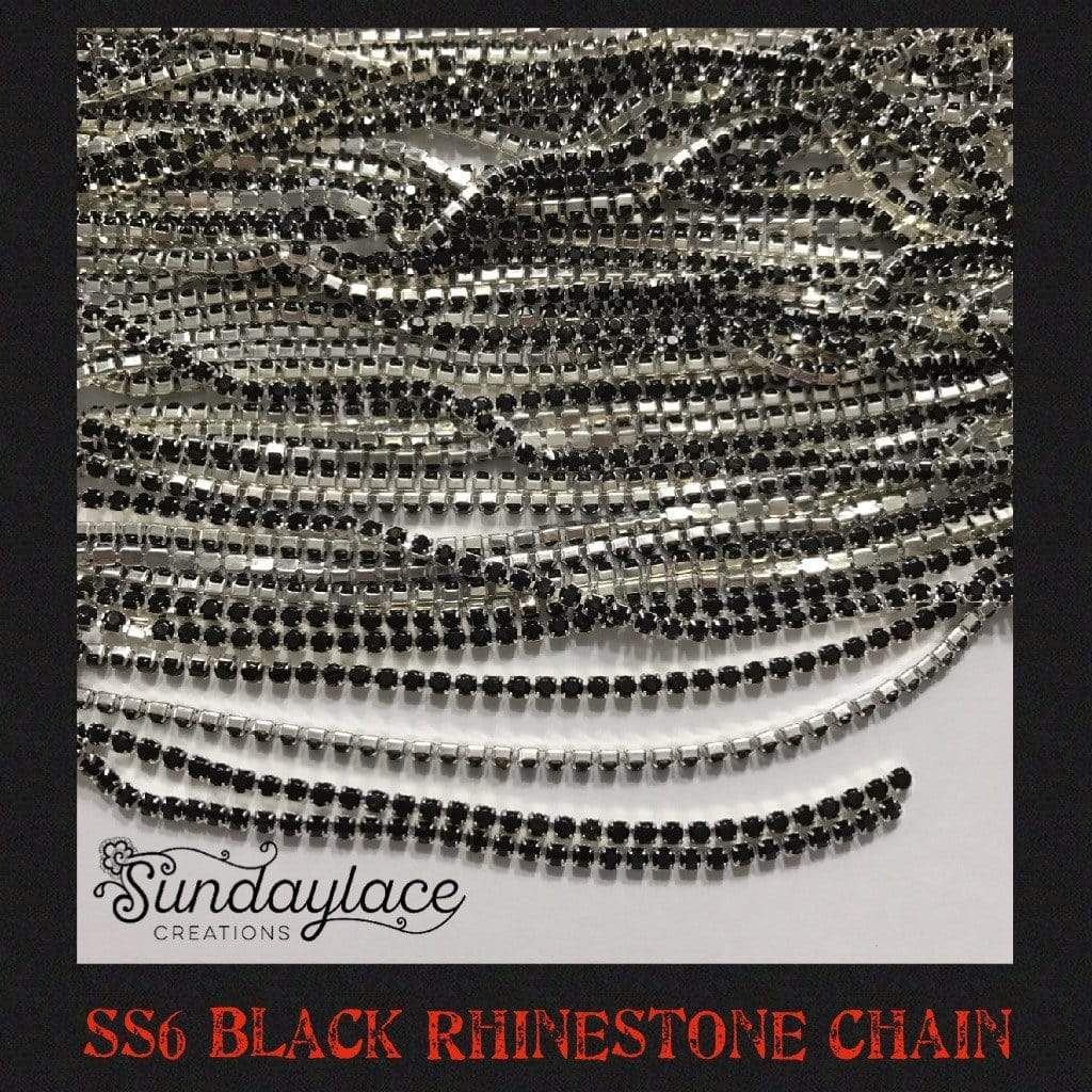 Sundaylace Creations & Bling SS6 Metal Rhinestone Chain Ss6 Black Rhinestone with Silver Chain, Rhinestone Metal Chain