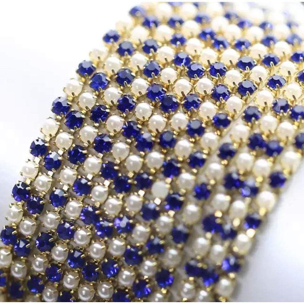 Sundaylace Creations & Bling SS6 Metal Rhinestone Chain Blue & Pearl on Silver Chain Ss6 Pearl and Rhinestone Alternating Rhinestone Metal Chain
